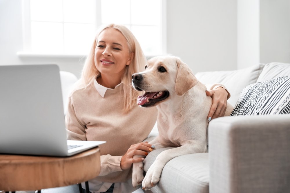 una mujer con su perro labrador retriever usando un portátil